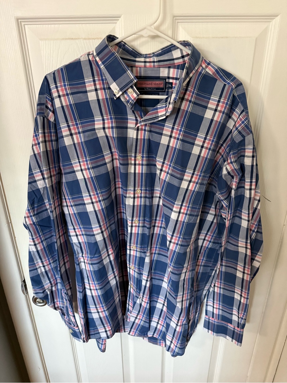 Vineyard Vines Blue and White Plaid Button-Down Shirt with Pink Accents